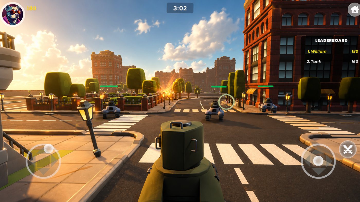 Tank War — a PvP tank battle at sunset in the city