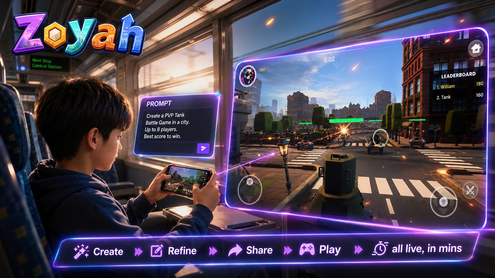 A player creating a tank battle game on a phone while riding the train